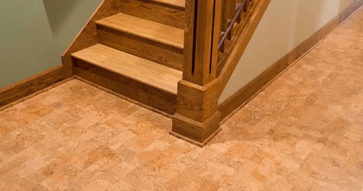 End of a staircase with cork flooring in Long Beach, CA