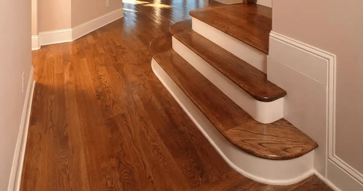 Base floor of a staircase with professionally restored wood flooring in Long Beach CA