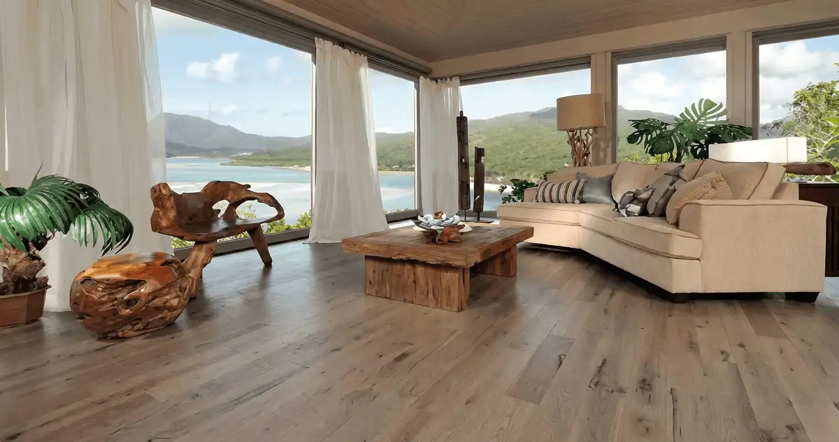 Professionally installed vinyl flooring in a modern living room with large windows in Long Beach, CA